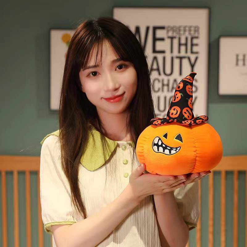 Halloween Pumpkin Plush Toy Soft Plush Pumpkin Shaped with Witch Hat