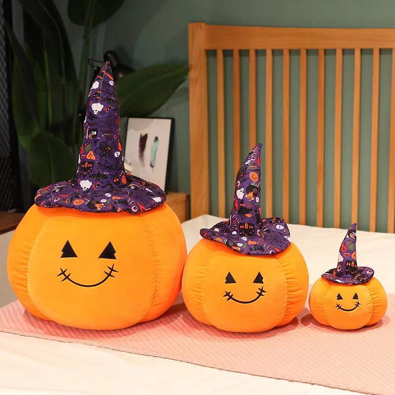 Halloween Pumpkin Plush Toy Soft Plush Pumpkin Shaped with Witch Hat